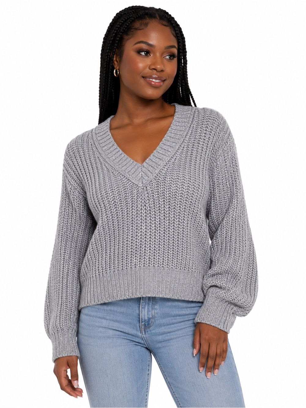 a.n.a. Light Gray Thick Rib Knit V-Neck Sweater NWT Medium